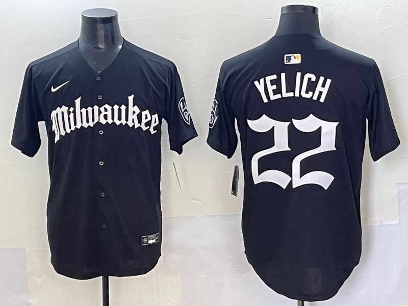 Men 2025 Milwaukee Brewers #22 Yelich Black Five generations Joint Name Nike MLB Jersey style 1